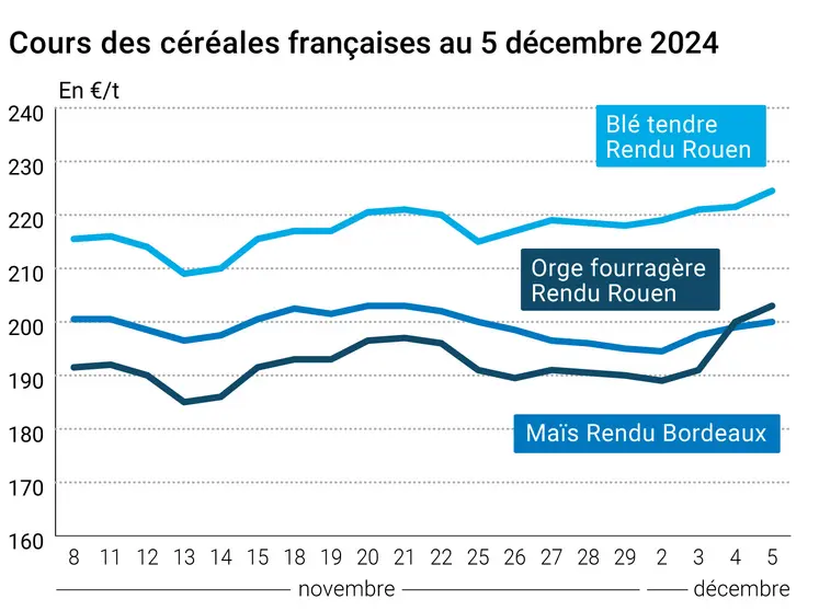 Graphique cours céréales France au 5 décembre 2024