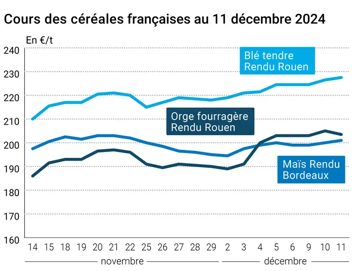 Graphique cours céréales France 11 décembre 2024