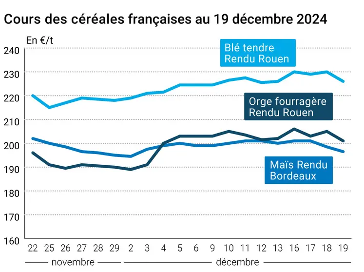 Graphique cours céréales France au 19 décembre 2024