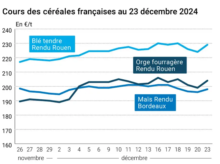 Graphique cours céréales françaises au 23 décembre 2024