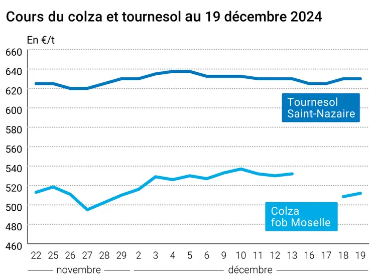 Graphique cours oléagineux France au 19 décembre 2024