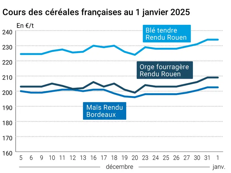 Graphique cours céréales France au 1er janvier 2025