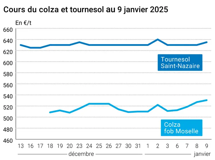 Graphique cours oléagineux français au 9 janvier 2025
