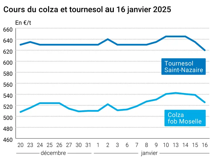 Graphique prix colza tournesol France du 16 janvier 2025