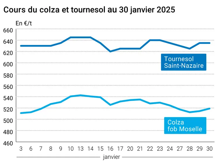 Graphique prix colza tournesol France du 30 janvier 2025