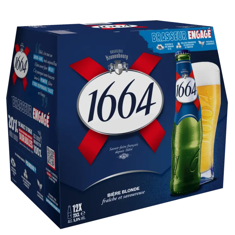 pack de bières 1664 Kronenbourg avec information sur les pratiques durables