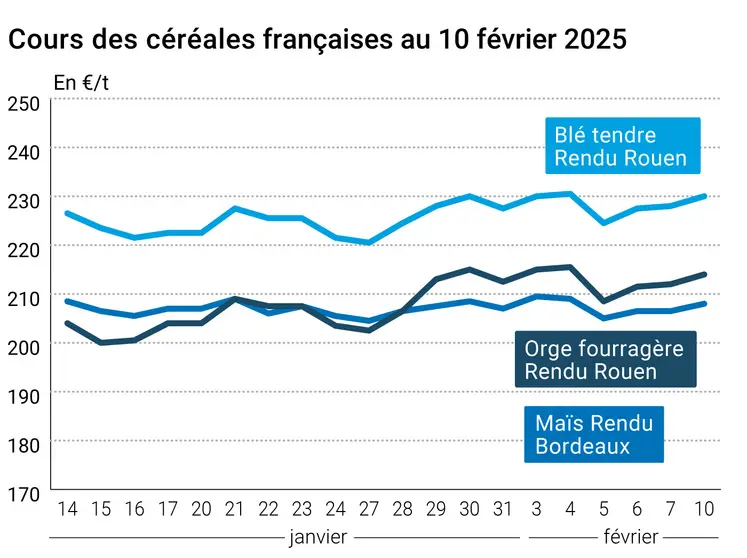 Graphique prix blé orge maïs France du 10 février 2025