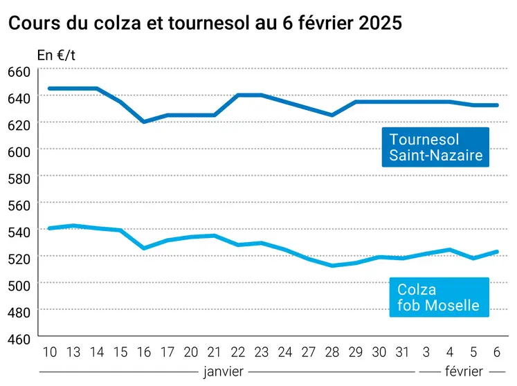 Graphique prix colza tournesol France au 6 février 2025