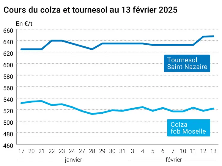 Graphique prix colza tournesol France au 13 février 2025