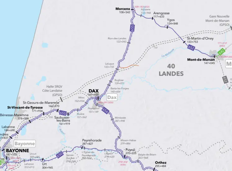 zoom carte réseau ferroviaire Nouvelle Aquitaine