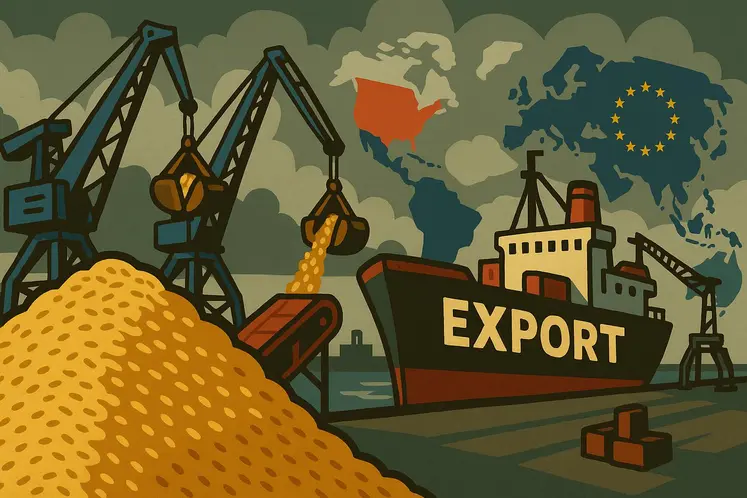 Illustration d’un port de commerce avec des grues, un navire cargo et un tas de blé symbolisant les exportations céréalières françaises vers l’étranger