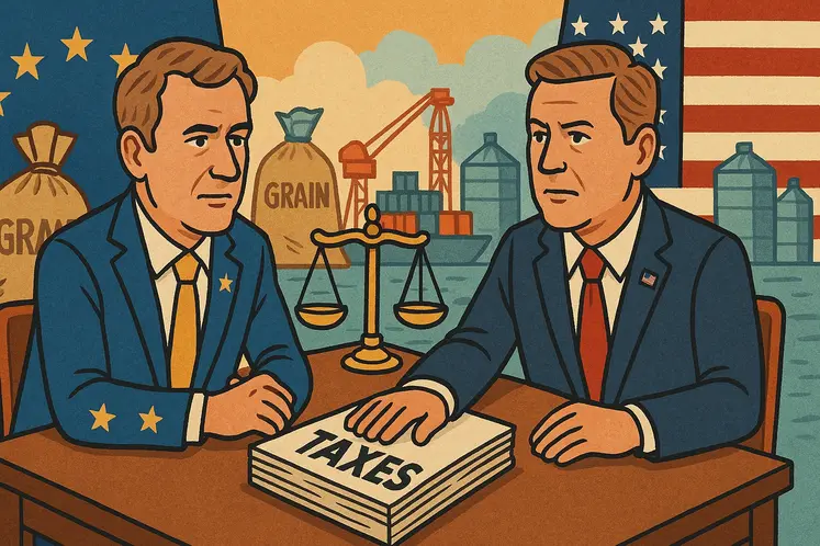 Illustration représentant un diplomate européen et un représentant américain en pleine négociation sur les taxes, avec en arrière-plan des silos et containers agricoles.