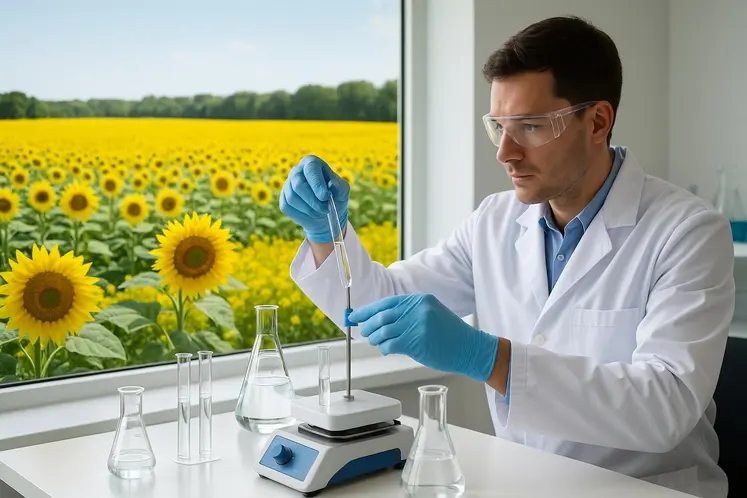 Chercheur en blouse blanche dans un laboratoire de recherche devant un champ de colza et de tournesols, symbolisant l’innovation en alimentation végétale du groupe Avril.