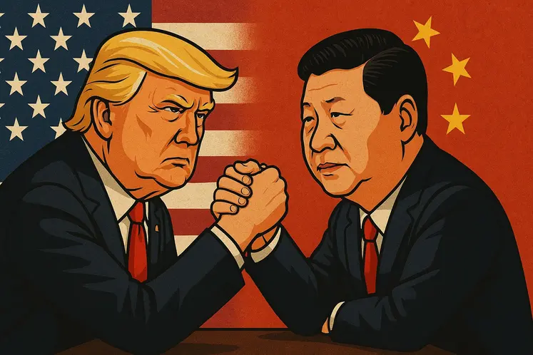 Illustration de Donald Trump et Xi Jinping s’affrontant dans un bras de fer, symbolisant la rivalité commerciale entre les États-Unis et la Chine.