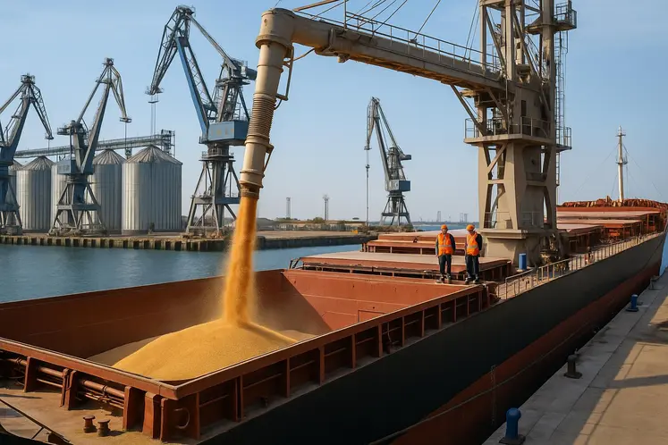 Image d'un chargement de blé sur un cargo dans un port maritime.