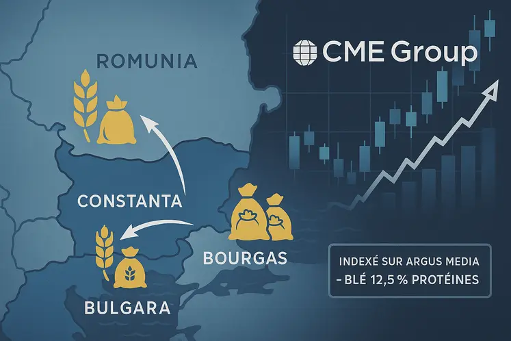 Carte de la mer noire avec des flèches qui représentent les échanges de blé en mer Noire avec un graphique des cours du blé et le logo du CME Group