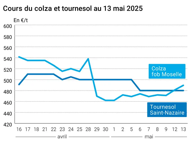 Graphique prix colza tournesol France du 13 mai 2025