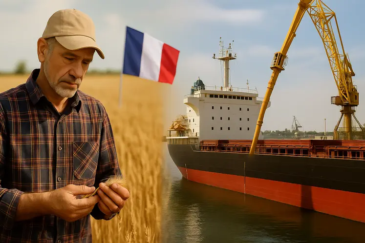 À gauche, un agriculteur français observe des épis de blé dans un champ où flotte le drapeau tricolore ; à droite, un cargo est en cours de chargement de céréales au port.