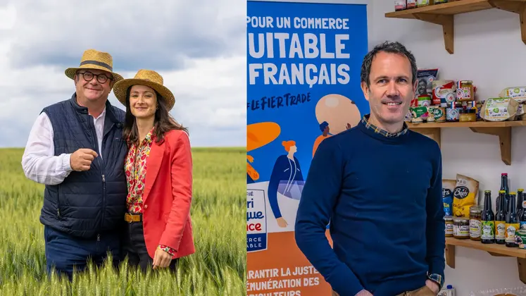 Montage photo montrant Bertrand et Eugénie Girardeau dans un champ de blé à gauche et un portrait de Ludovic Brindejonc à droite.