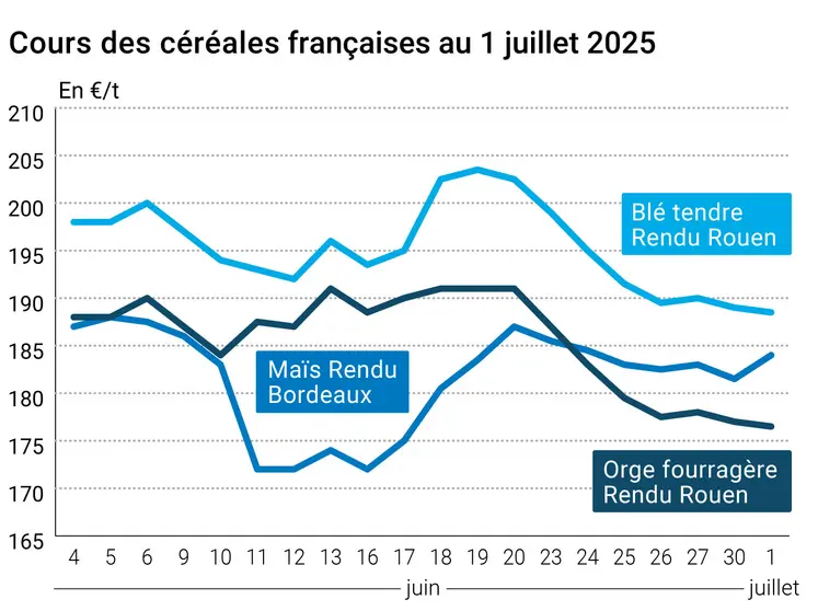 Graphique prix blé orge maïs France du 1er juillet 2025