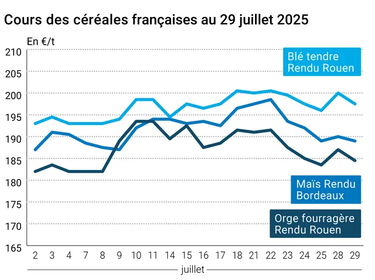 Graphique prix blé orge maïs France du 29 juillet 2025