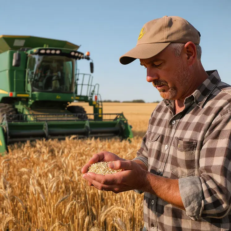 une moissonneuse dans un champ de blé avec un agriculteur qui teint des grains de blé dans ses mains en premier plan.
