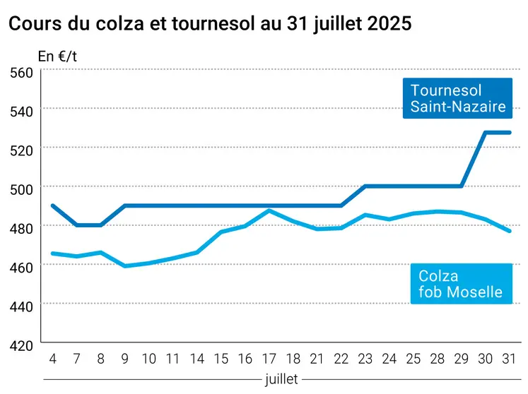 Graphique prix colza tournesol France du 31 juillet 2025