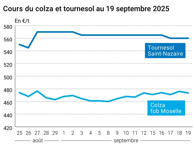 Graphique prix colza tournesol du 19 septembre 2025