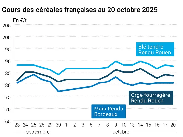 Graphique prix blé orge maïs France du 20 octobre 2025
