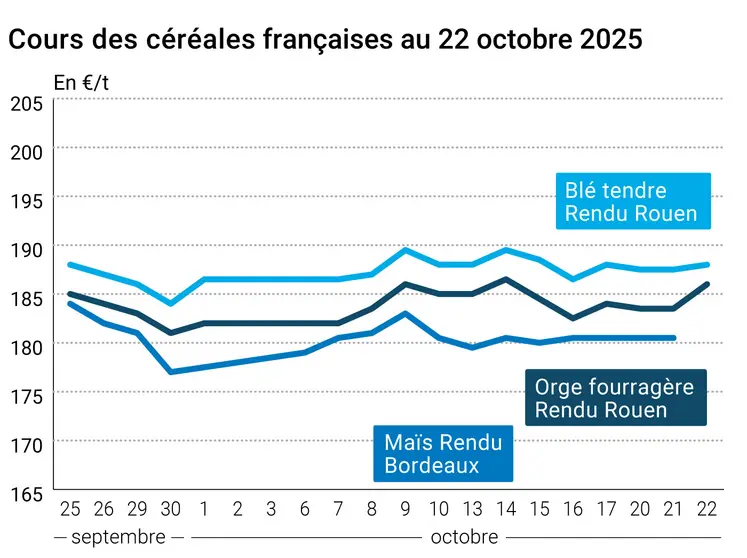 Graphique prix blé orge maïs France du 22 octobre 2025