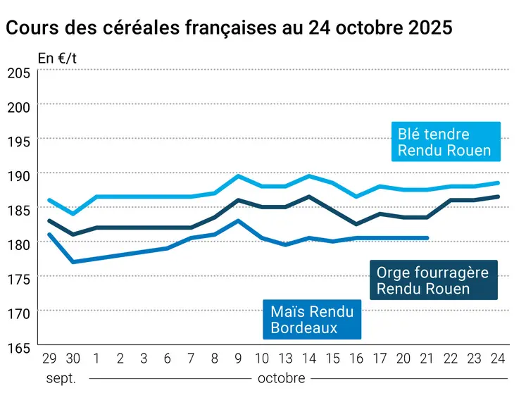 Graphique prix blé orge maïs France du 24 octobre 2025