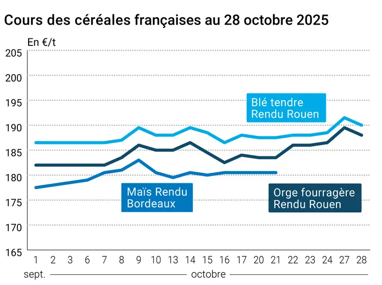 Graphique prix blé orge maïs France du 28 octobre 2025