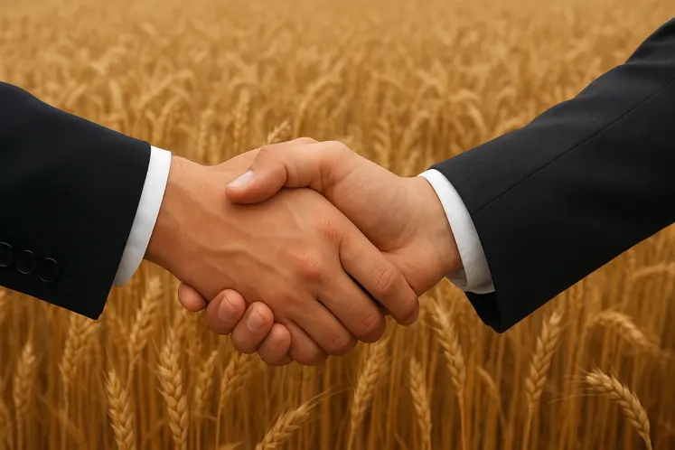 Poignée de main avec un champ de blé en arrière plan
