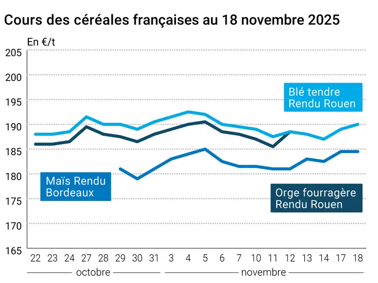 Graphique prix blé orge maïs France au 18 novembre 2024