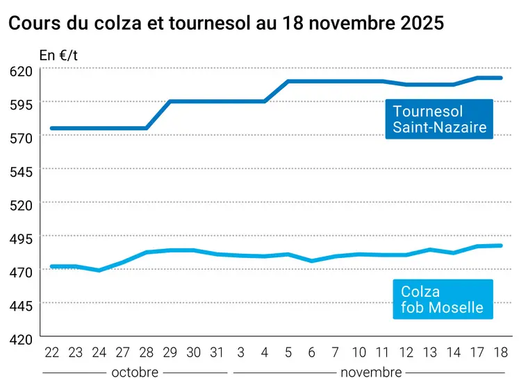 Graphique prix colza tournesol France au 18 novembre 2024