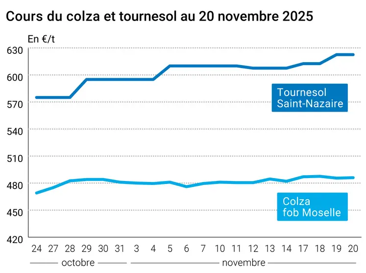 Graphique prix colza tournesol France au 20 novembre 2025  