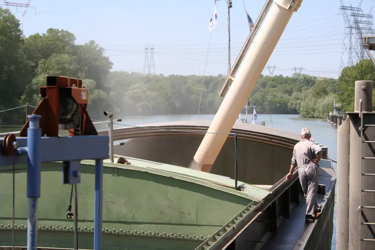 Photo d'un chargement de blé sur une péniche sur la Seine.