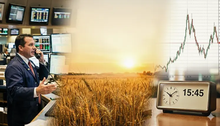 Montage photo montrant un trader, un champ de blé, un graphique des cours du blé et une horloge.
