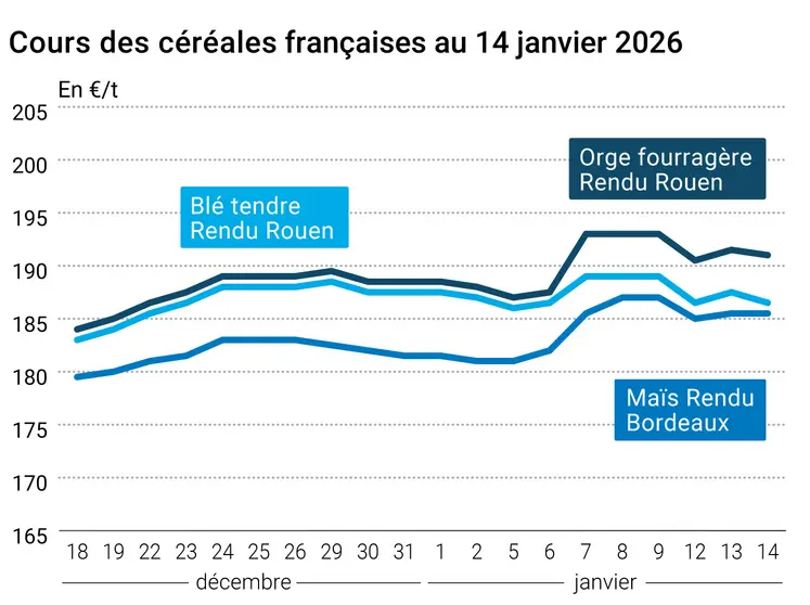 Graphique prix blé maïs orge France au 14 janvier 2026 