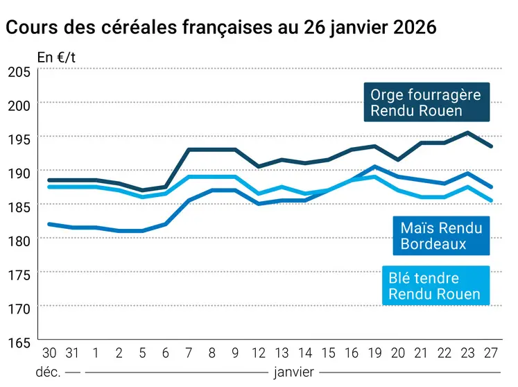 Graphique prix blé orge maïs France au 26 janvier 2026
