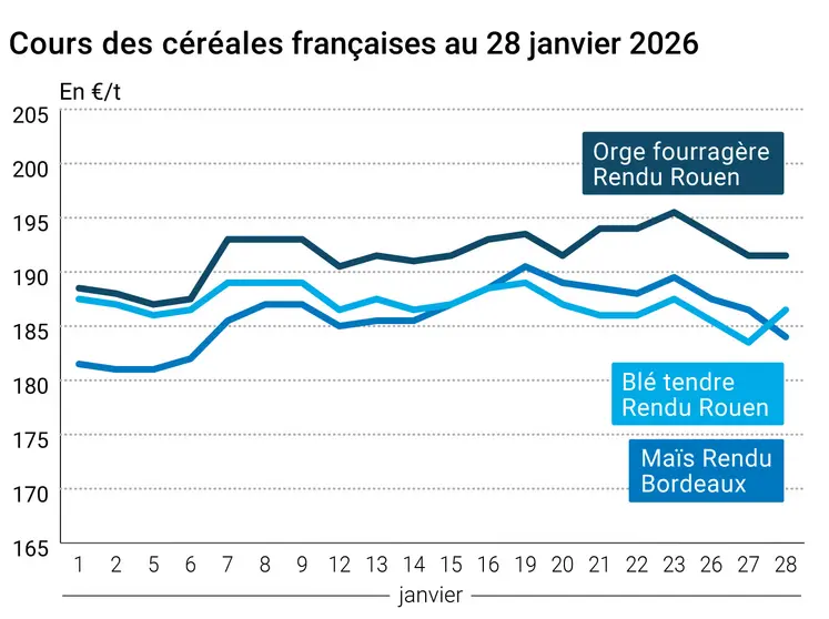 Graphique prix blé maïs orge France au 28 janvier 2026 