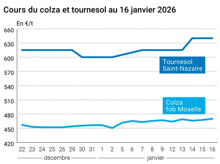 Graphique prix colza tournesol France au 16 janvier 2026  