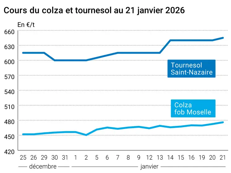 Graphique prix colza tournesol France au 21 janvier 2026  