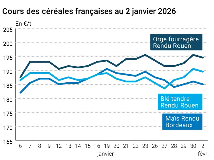 Graphique prix blé orge maïs France au 2 février 2026  