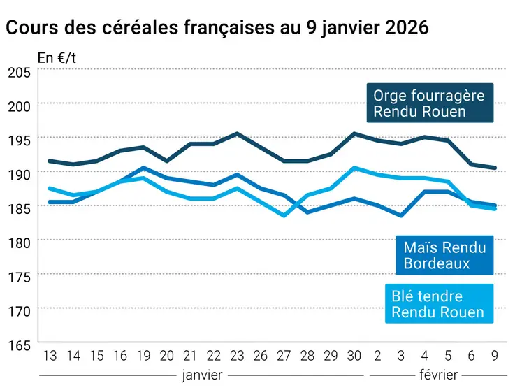Graphique prix blé orge maïs France au 9 février 2026  