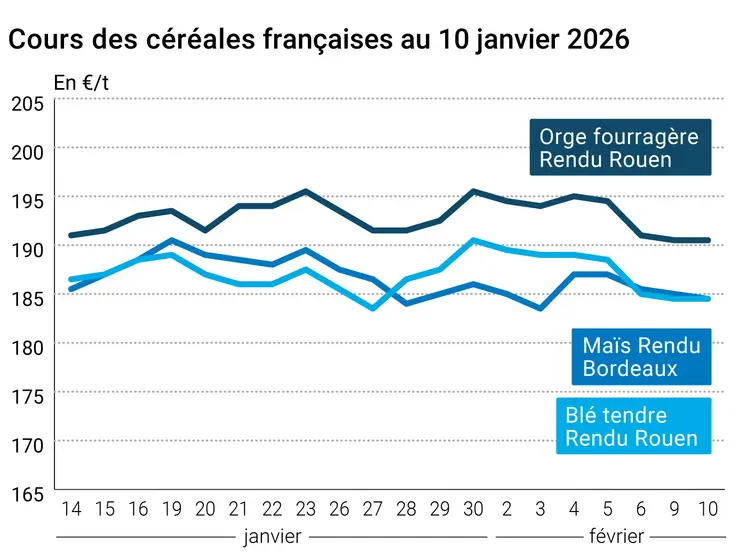 Graphique prix blé maïs orge France au 10 février 2026 