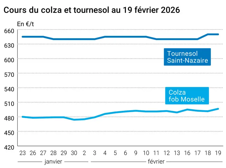 Graphique prix colza tournesol France au 19 février 2026 