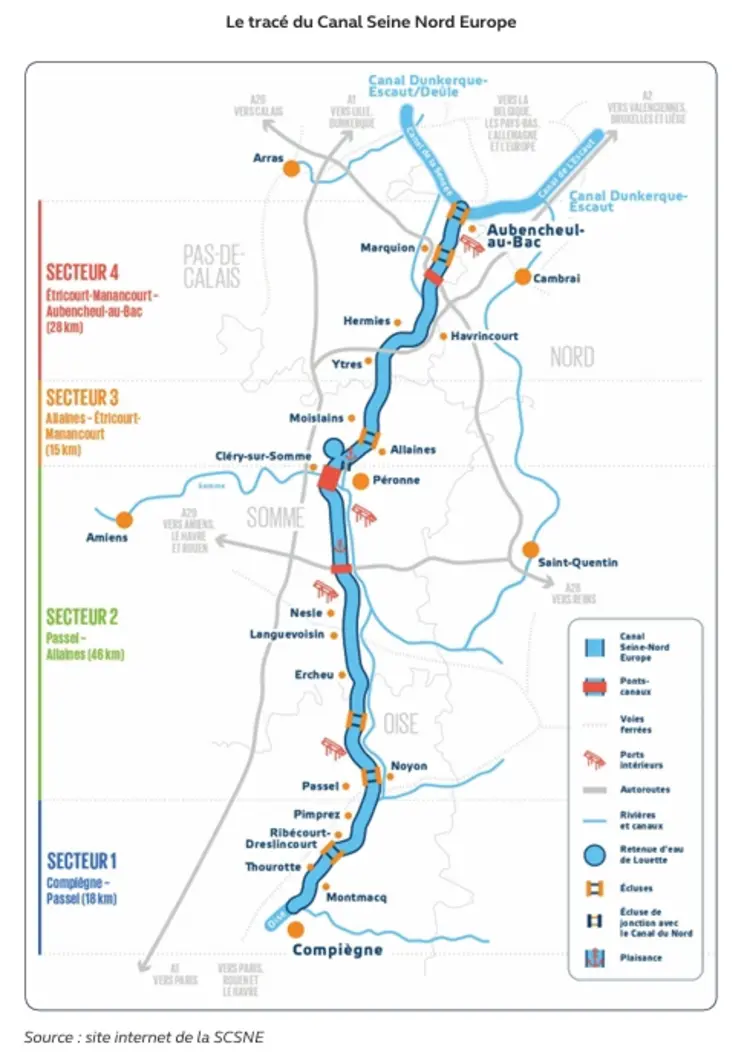 Carte du tracé du canal Seine-Nord-Europe.