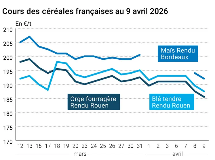Graphique prix blé, orge et maïs France