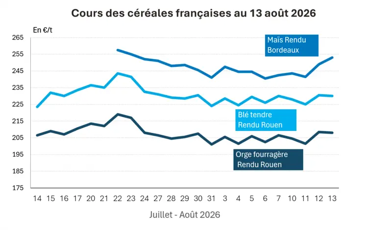 Graphique prix blé, orge et maïs France au 13 août 2026